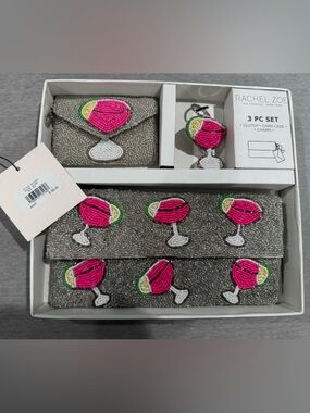 Rachel Zoe Beaded Silver Clutch Set with Pink Cocktail Motif